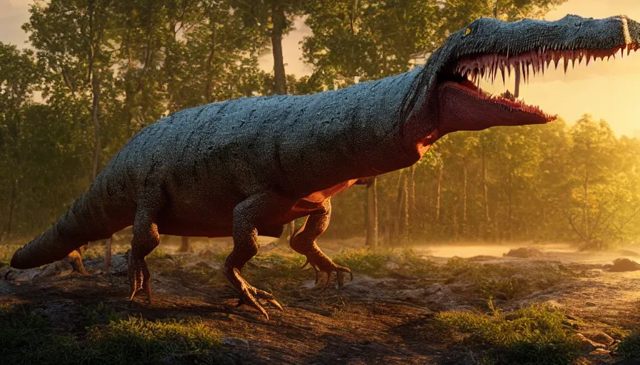 Image similar to hyper realistic highly detailed nature photography of a spinosaurus, prehistoric planet, volumetric lighting, octane render, 4 k resolution, golden hour