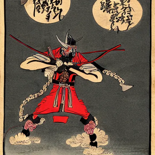 Prompt: a demon samurai wielding a chain whip on fire