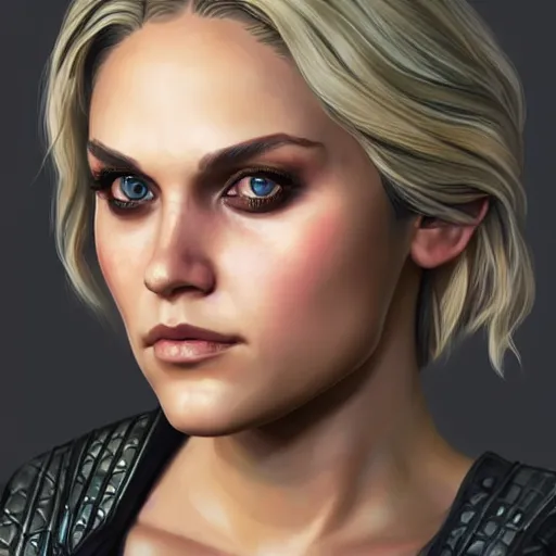 Prompt: beautiful Eliza Taylor as Ashley Williams from Mass Effect as GTA character, sci-fi fantasy, closeup, D&D, intricate, elegant, highly detailed, digital painting, artstation, concept art, matte, sharp focus, illustration, art by Artgerm and Greg Rutkowski and Alphonse Mucha