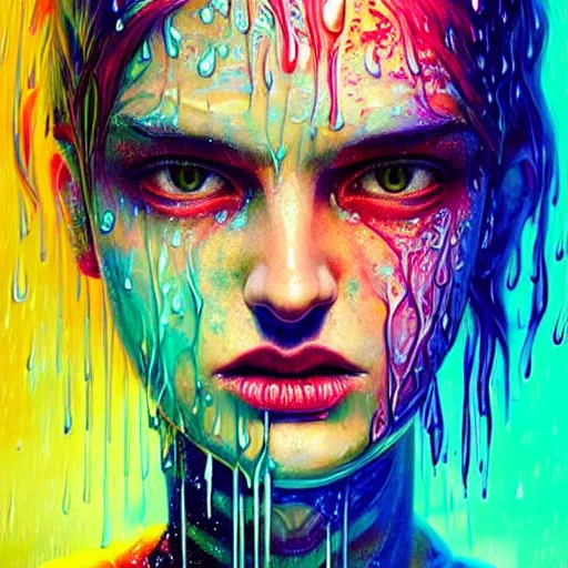 Prompt: bright asthetic portrait of LSD in rain with wet hair and face, liquid, fantasy, intricate, elegant, dramatic lighting, highly detailed, lifelike, photorealistic, digital painting, artstation, illustration, concept art, smooth, sharp focus, art by John Collier and Albert Aublet and Krenz Cushart and Artem Demura and Alphonse Mucha