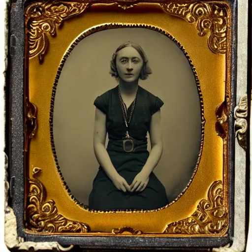 Image similar to Tintype photograph of Saoirse Ronan as a Irish ethnographic subject. 1920s studio lighting.