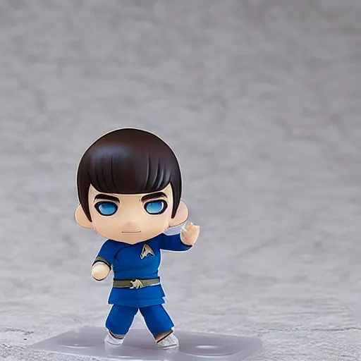 Prompt: spock from the tv series star trek as an anime nendoroid, serious look, pointed ears, spock haircut, detailed product photo