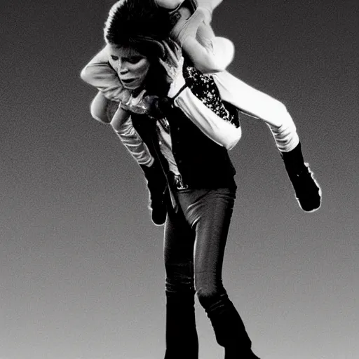 Prompt: david bowie getting a piggy back ride from ziggy stardust, digital art, glam rock