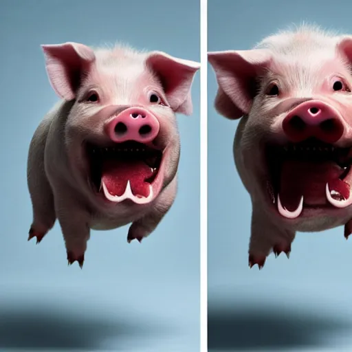 Prompt: attack of the vampire pig, pig with oversized canine teeth, photo of a red eyed pig jumping bare - toothed at the viewer