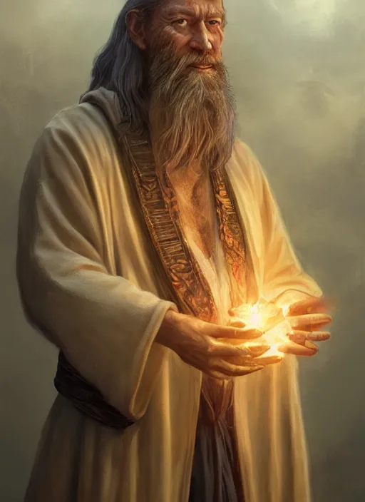 Image similar to portrait of a elderly wizard with a long beard wearing robes, under the robes is a hawaiian shirt, male, detailed face, fantasy, highly detailed, cinematic lighting, digital art painting by greg rutkowski