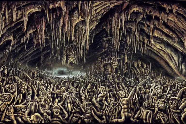 Prompt: stone age rave in a cave, necronom v, painting by h. r. giger