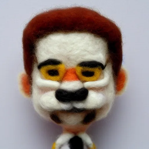 Image similar to a needle felted arnold schwarzenegger, needle felting art.