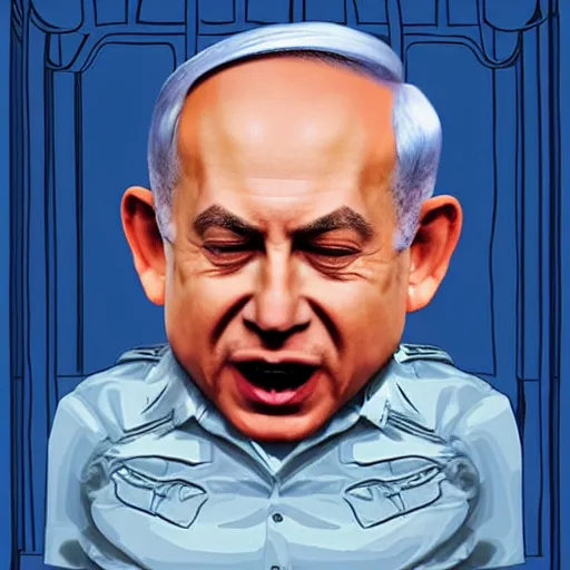 Image similar to benjamin netanyahu as a crying baby. garbage pail kids. digital painting, high detail, 8 k