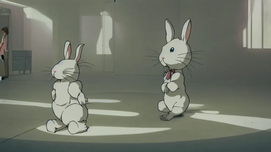 Image similar to a white rabbit waits in front of volumetric light, anime film still from the an anime directed by Katsuhiro Otomo with art direction by Salvador Dalí, wide lens