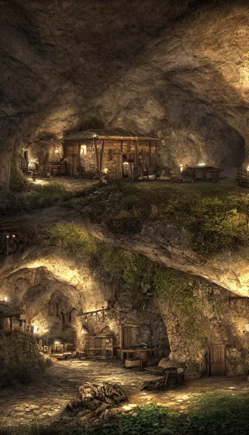 Image similar to a medieval village inside a cave near a cave river, photorealistic, 8k, high detail, high quality, dramatic lighting, HDR