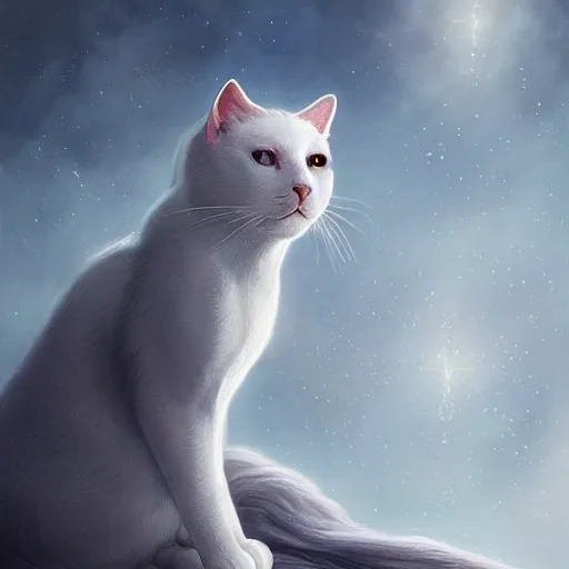 Image similar to portrait of a beautiful white cat celestial background,, fantasy, highly detailed, cinematic lighting, digital art painting by artgem and greg rutkowsk, trending on artstation, very very beautiful, very attractive, high fantasy