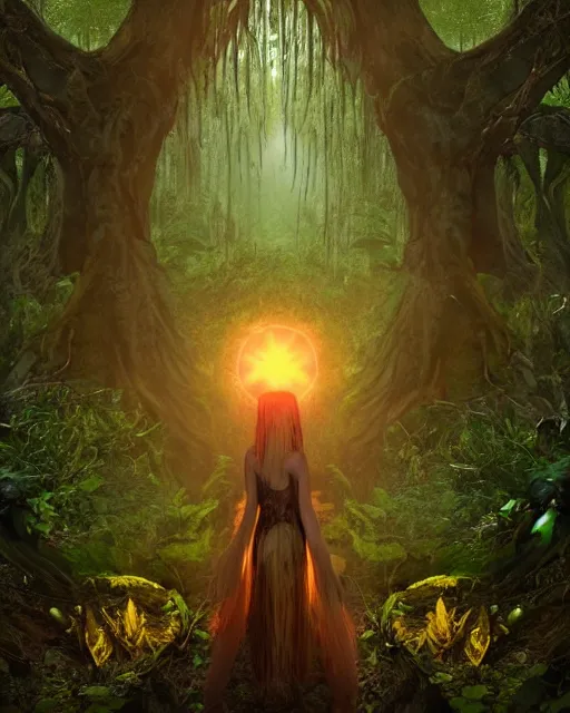 Image similar to a doomed goddess walking towards a ravenous, horrific portal to hades embedded in a creepy tree in a densely overgrown, magical jungle, fantasy, dreamlike sunraise, stopped in time, dreamlike light incidence, ultra realistic