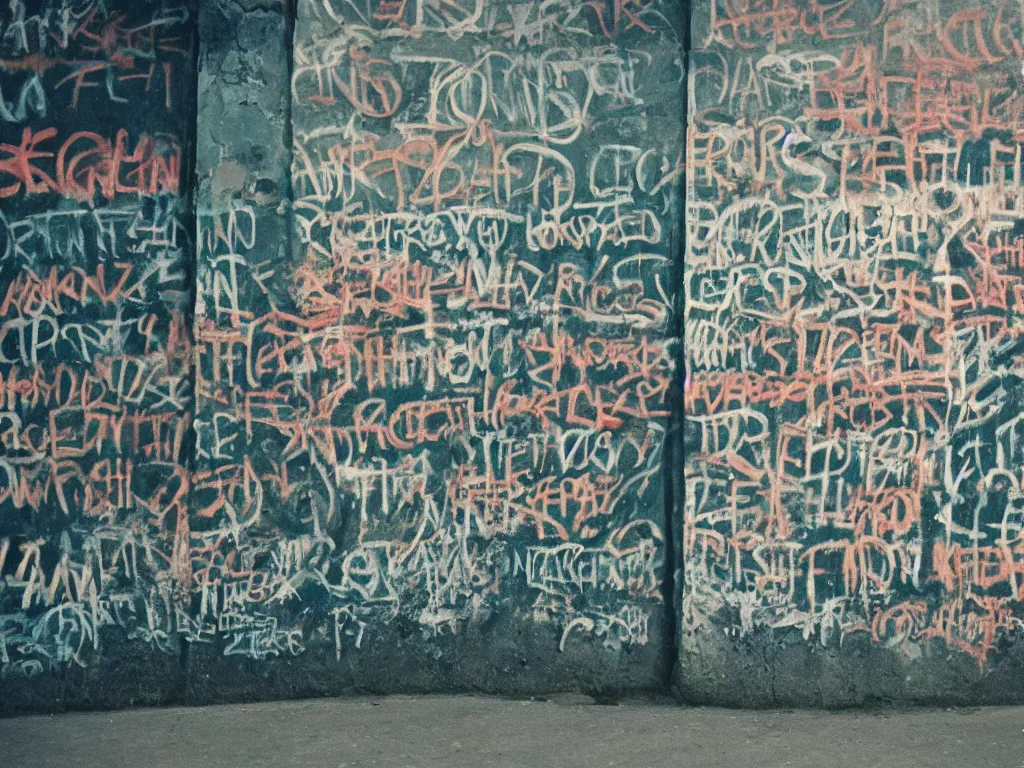 Image similar to “35mm film photography of Berlin Wall, various subjects, cinestill 800t, grain”