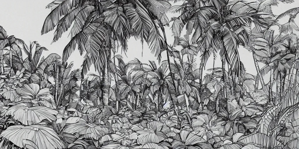 Image similar to tropical island, 8 k, high resolution, detailed charcoal drawing, beautiful hd, art nouveau, concept art, colourful, in the style of vadym meller