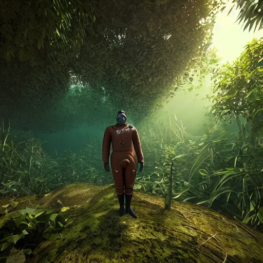 Image similar to a man wearing a 1 9 0 0 diving suit, walking through a lush jungle, realistic octane render, ray traced, god rays, extremely high detail