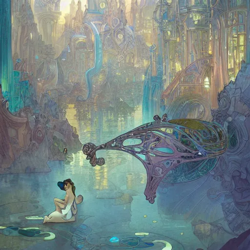 Image similar to a beautiful stunning fantasy whimsical matte digital storybook watercolor painting a cityscape of the underwater city of Atlantis, art nouveau, bubbles splash shells fish details, pastel color palette, by Alphonse Mucha and Tyler Edlin, trending on artstation hq