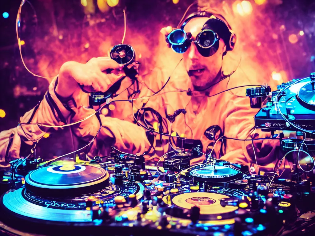 Image similar to a person wearing goggles and visor and headphones using a steampunk record player contraption, wires and tubes, turntablism dj scratching, intricate planetary gears, cinematic, imax, sharp focus, leds, bokeh, iridescent, black light, fog machine, hazy, lasers, hyper color digital art