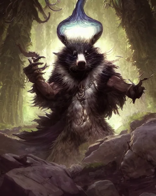 Prompt: Skunk Shapeshifter Druid Mage, D&D, artstation, fantasy, magic the gathering artwork, cinematic lighting, centered, symmetrical, highly detailed, digital painting, , concept art, smooth, sharp focus, illustration, volumetric lighting, epic Composition, 8k, art by Akihiko Yoshida and Greg Rutkowski and Craig Mullins, oil painting, cgsociety