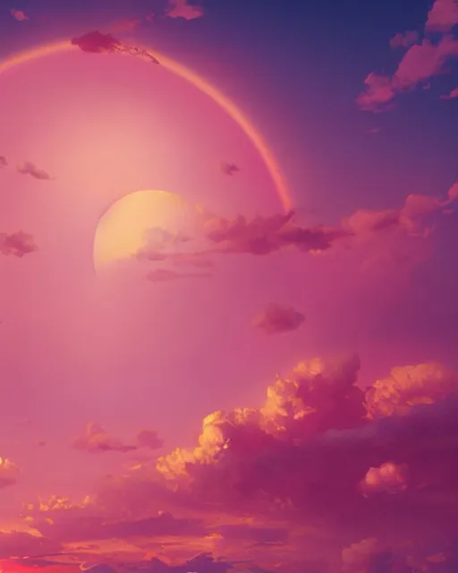 Prompt: the most beautiful sunset, giant pink full moon, a giant fluffy cloud morphing into a light great and red frog, coherent design, symmetrical, concept art, vivid color, complementary color, golden ratio, detailed, sharp lines, intricate, rainbowshift, by mc escher, by sahm, octane render