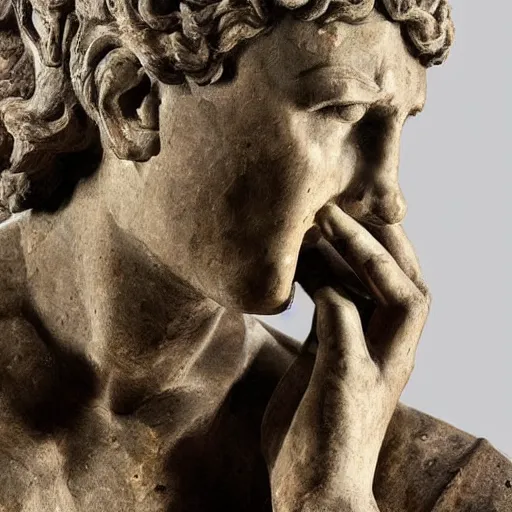 Prompt: photo of a richly detailed marble statue of a facepalming because of his slow laptop by leonardo davinci