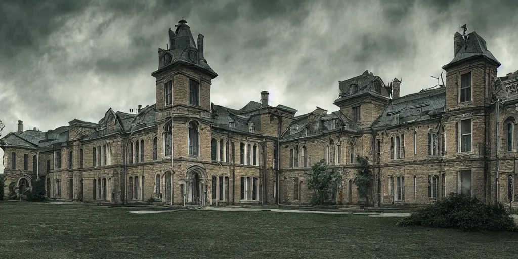 Image similar to Lunatic Asylum, by WLOP, exterior, majestic, realistic, detailed, epic scenery, ominous