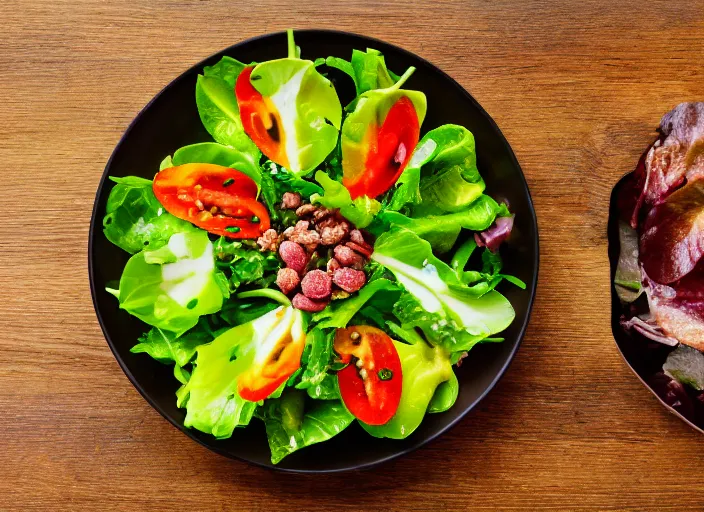 Image similar to dslr food photograph of salad with cow tounges, 8 5 mm f 1. 8