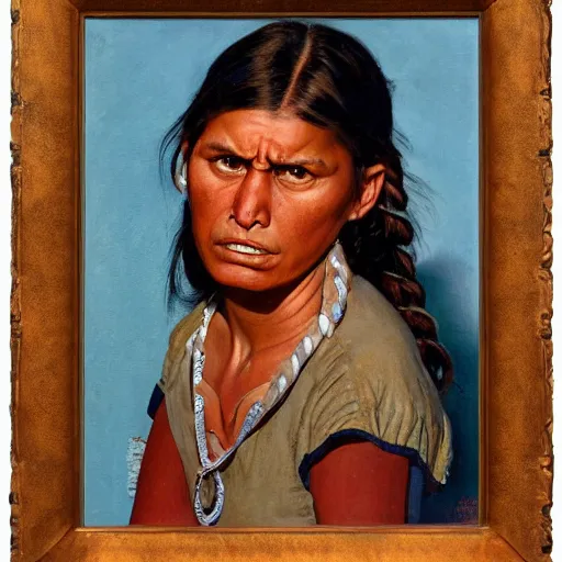 Image similar to head and shoulders portrait of young native american woman, snarling, looking up, clothed, three quarter profile, norman rockwell, ryan pancoast