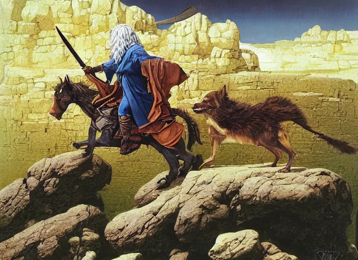 Prompt: Highly detailed oil painting of Gandalf fighting a corgi on a narrow rock bridge, underground, intricate artwork by Angus McBride, John Howe, Matthew Stewart, Ted Nasmith, heroic fantasy