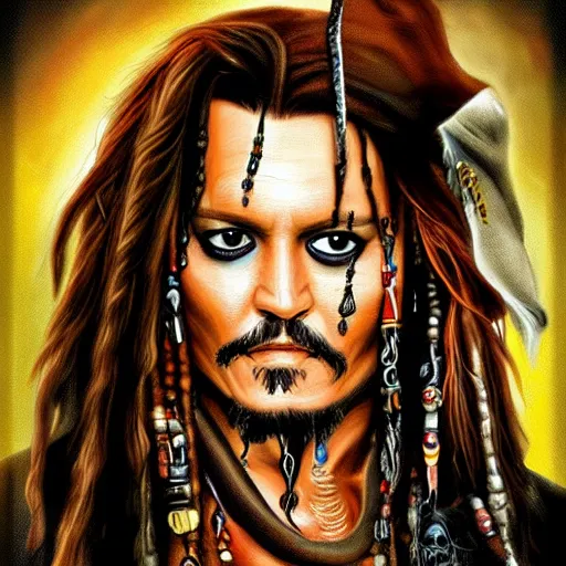 Image similar to portrait of johnny depp as captain jack sparrow, highly detailed, centered, solid color background, digital painting