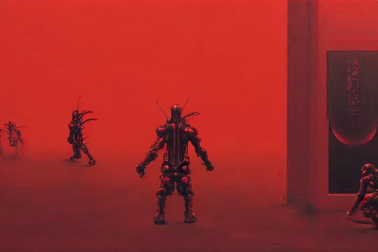 Image similar to only with red, a red cyborg samurai, tokio futuristic in background, some evil yokai fight, in the style of beksinski, parts by edward hopper, parts by rodcenko, parts by yue minjun, intricate and epic composition, red by caravaggio, insanely quality, highly detailed, masterpiece, red light, artstation, 4 k