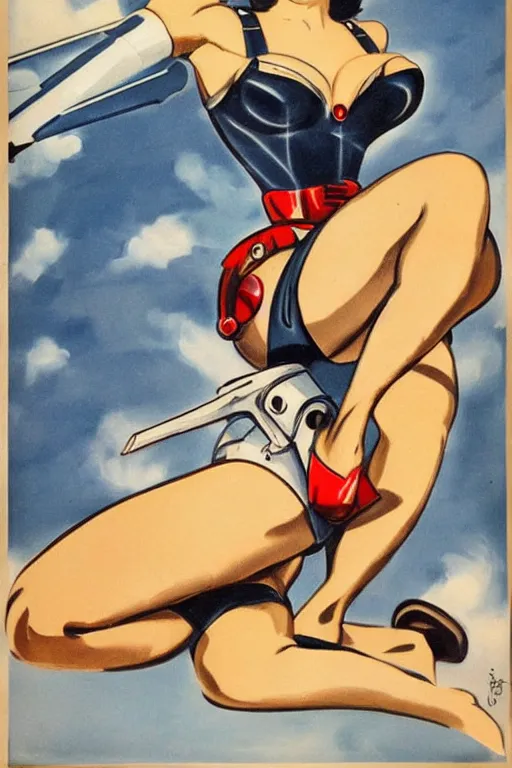Prompt: a 1 9 4 0 s pin - up painted on a gundam