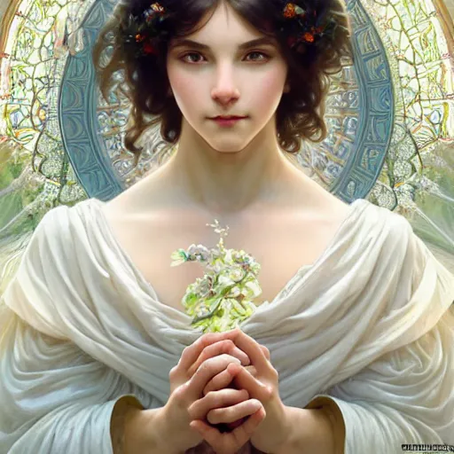 Image similar to perfectly detailed goddess princess of white roses!! blessed by nature with ever - increasing physical mental perfection, symmetrical! intricate, highly detailed, biblical divine holy perfection!! digital painting, artstation, concept art, smooth, sharp focus, illustration, art by artgerm and greg rutkowski and alphonse mucha