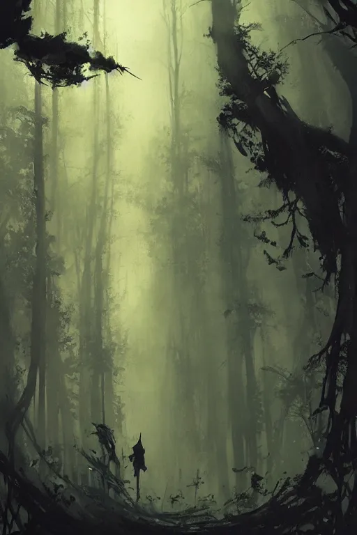 Prompt: looking up at a dark forest, intricate, elegant, highly detailed, john park, frazetta, sparth, ruan jia, jeffrey catherine jones