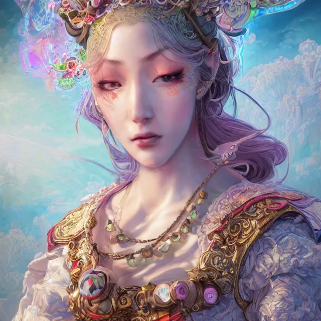 Prompt: studio portrait of neutral good rainbow colorful female cleric bard healer as absurdly beautiful, elegant, young skinny gravure idol, an ultrafine hyperdetailed illustration by kim jung gi, irakli nadar, intricate linework, detailed faced, sharp focus, bright colors, octopath traveler, unreal engine 5 highly rendered, global illumination, radiant light, detailed and intricate environment