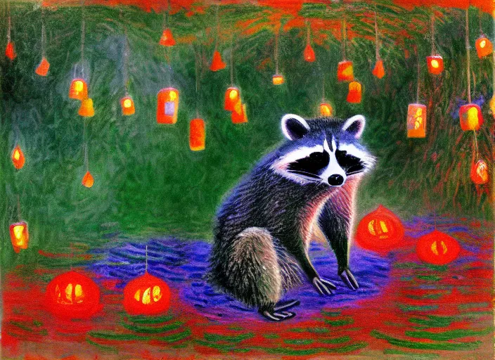 Image similar to painting of raccoon! with colorful paper lanterns in a forest at night, in the style of Claude Monet