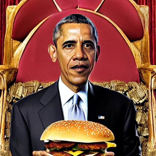 Image similar to barrack obama, sitting on the iron throne, eating a burger, anatomically correct