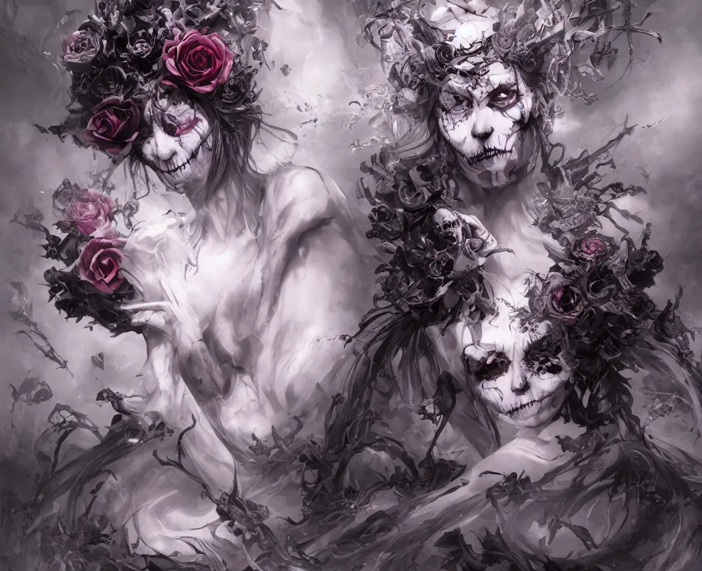 Image similar to a chaotic goddess of death skull black rose s day of the dead atmospheric, dramatic, concept art by a professional manga illustrator, Stanley Artgerm Lau, WLOP, Rossdraws, James Jean, Andrei Riabovitchev, Marc Simonetti, and Sakimichan hyperrealist, cinema4D, 8k highly detailed ❤️‍🔥 🔥 💀 🤖 🚀