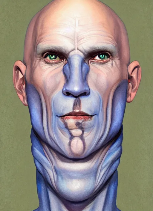 Image similar to head-on symmetrical centered painted portrait, a smiling bald androgynous man with completely blue skin in his thirties as a D&D wizard with the nose of Voldemort, fantasy, intricate, elegant, highly detailed, digital painting, smooth, sharp focus, illustration, artstation, in the style of Yoann Lossel and Conrad Roset