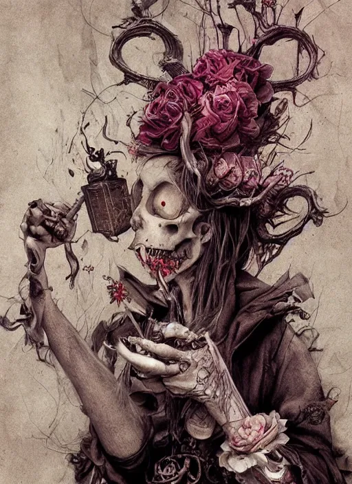 Image similar to Alice in Wonderland,smoking a pipe,death tarot card,highly detailed,half skull face,cinematic,8k,by Stanley Artgermm,Tom Bagshaw,Greg Rutkowski,Carne Griffiths, Ayami Kojima, Beksinski, Giger,trending on DeviantArt,hyper detailed,horror, full of colour