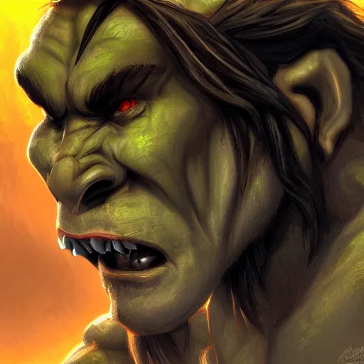 Image similar to beautiful Orc, proud pose, detailed, harsh lighting, multiple artists