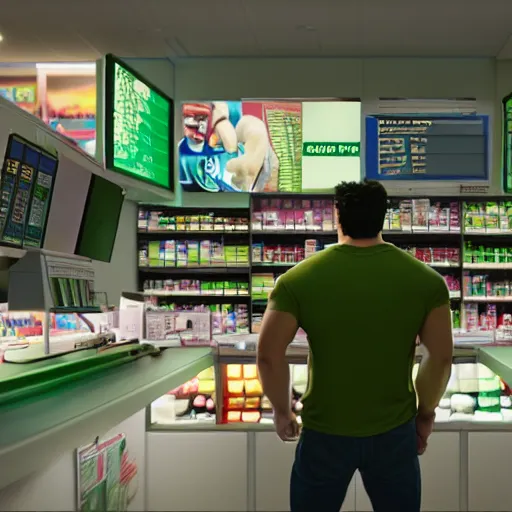 Image similar to the incredible hulk working the night shift as a 7/11 cashier, macro, wide shot, dramatic lighting, octane render, hyperrealistic, HD