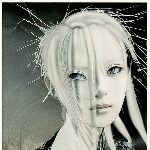 Image similar to Yoshitaka Amano realistic illustration of an anime girl with white hair and cracks on her face wearing dress suit with tie fluttering in the wind, abstract black and white patterns on the background, noisy film grain effect, highly detailed, Renaissance oil painting, weird portrait angle