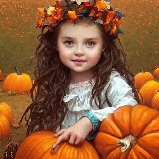 Image similar to a cute little girl with light brown wavy curly hair and blue eyes sitting amidst piles of pumpkins. beautiful cute highly detailed face. she is wearing a crown of autumn leaves. autumn and fall and halloween themed painting by artgerm and greg rutkowski and alphonse mucha.