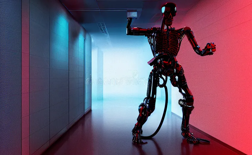 Image similar to terminator without flesh, staying in front of server room. extreme long shot, high detail, low saturated red and blue light, cinematic colors