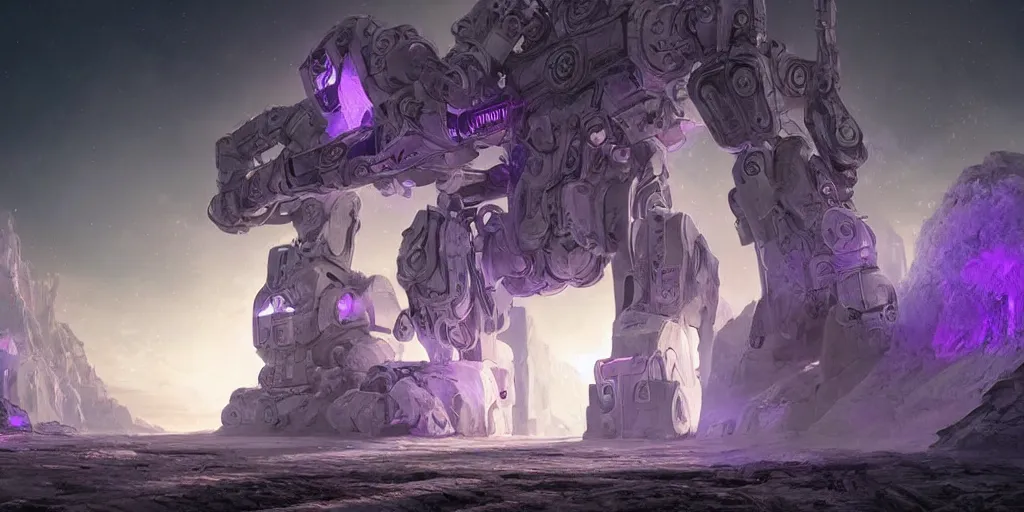 Image similar to a digital painting of a big robot made of white stone, purple crystal inlays, by jonas de ro, keeping the entrance of a sanctum, crystals enlight the scene, view is centered on the robot, cinematic lights, at dawn, unreal engine, attestation, deviantart