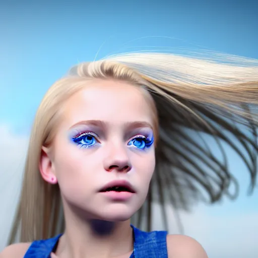 Image similar to ultra realistic and ultra detailed portrait of a young beautiful girl with blond hair and blue eyes falling through the sky, 4 k