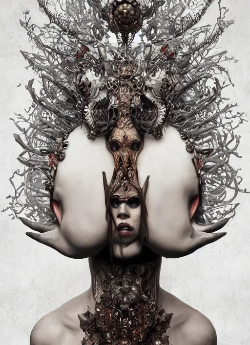 Prompt: a portrait of female by stefan geselle and nekro borja, photorealistic, intricate details, hyper realistic, fantasy, elegant, baroque, horn, ram skull headpiece, photorealistic, photography, symmetrical features, symmetrical pose, wide angle shot, feet on the ground, wearable art, unreal engine, cinematic lighting