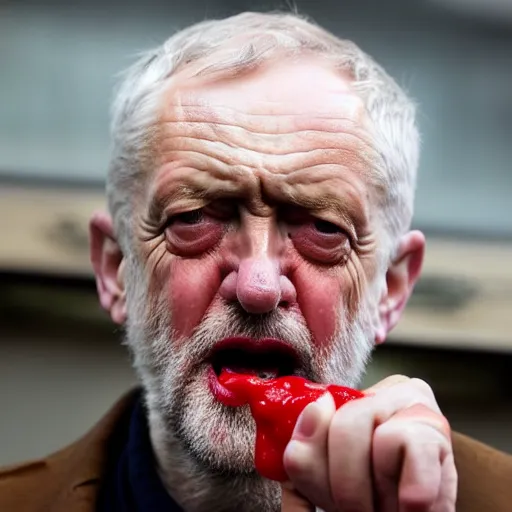 Prompt: jeremy corbyn with a crazed look on his face with one hand filled with ketchup and one hand filled with cheese