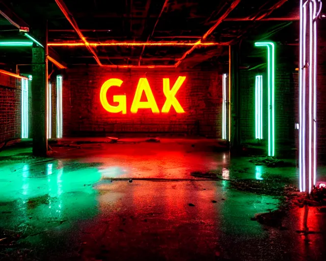 Image similar to An abandoned industial basement lit by a neon sign that says GAK, GAK sign, basement, cinematography by Robby Müller, GAK basement, industrial