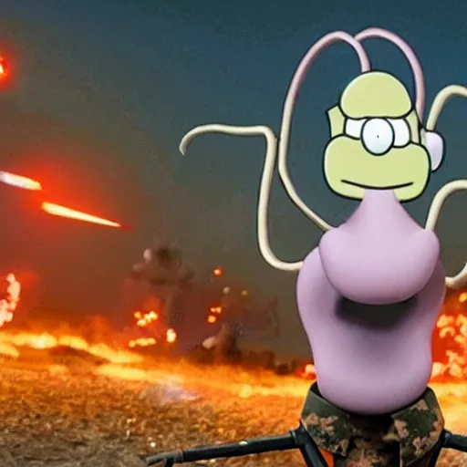 Image similar to squidward as a military leader with explosions behind him